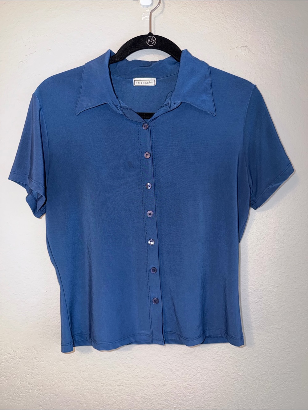 Blue Short-Sleeve Button Front Blouse